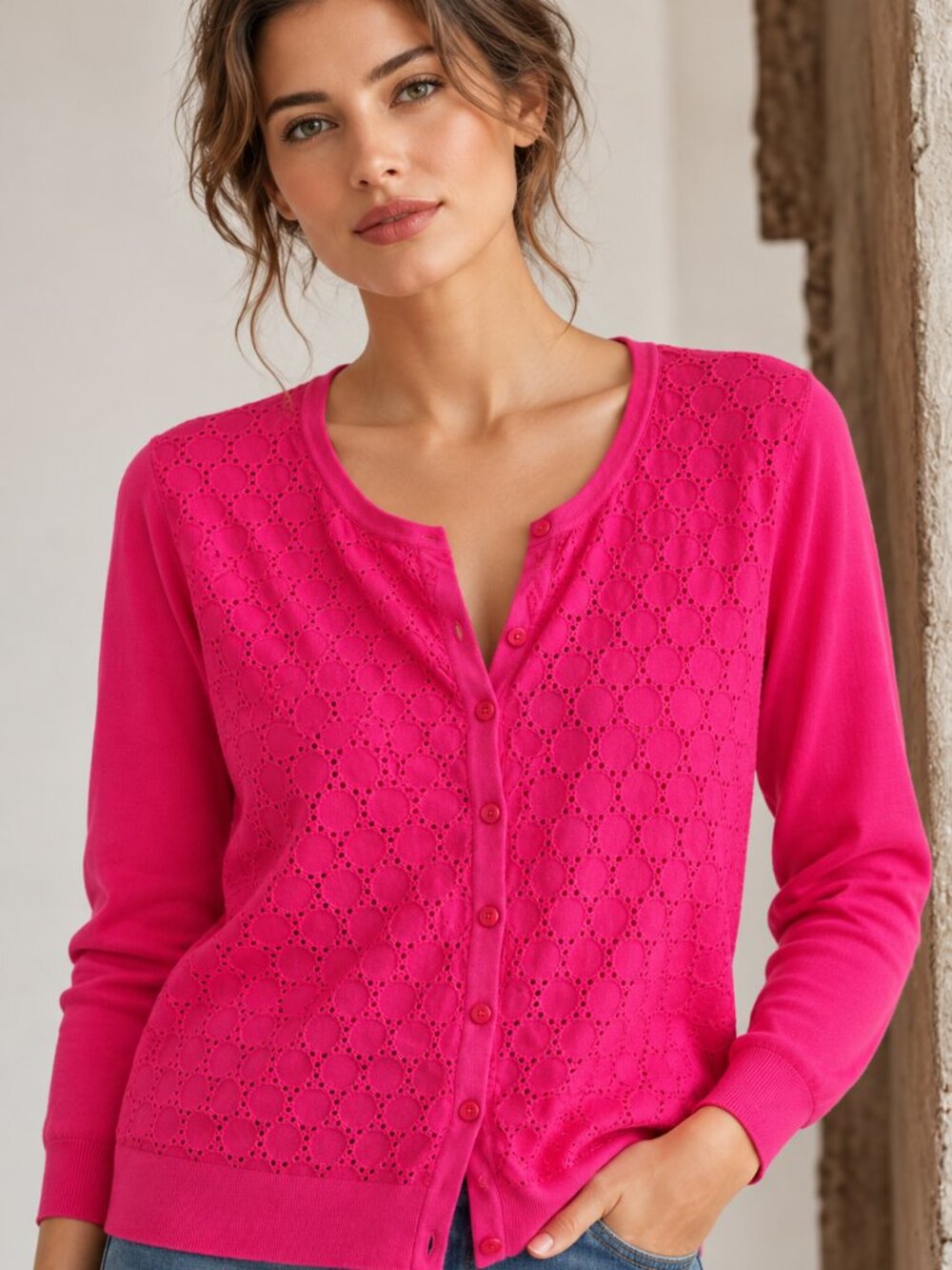 Pure cotton Fuchsia Pink Eyelet Knit Cardigan Sweater